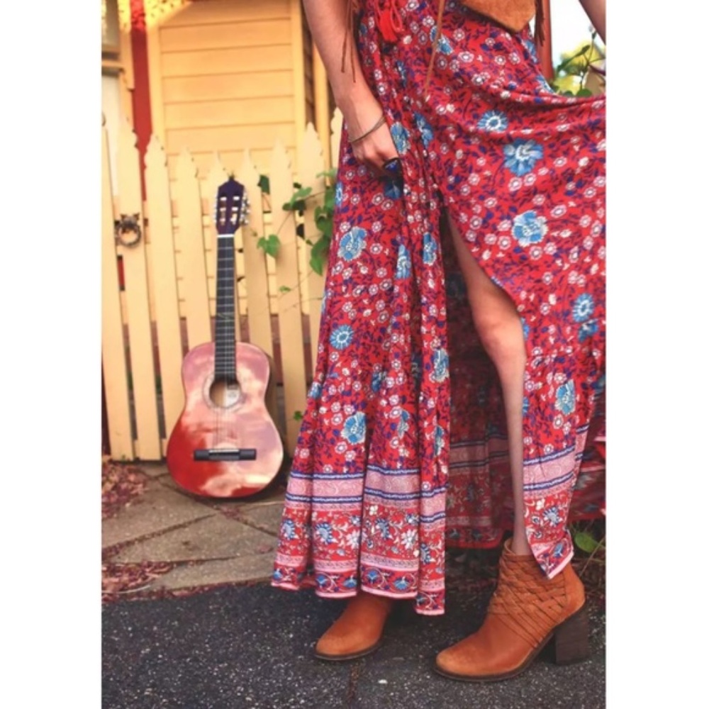 SOLD OUT Red Floral Gypsy Boho Button Up Maxi Skirt - Picture 4 of 14